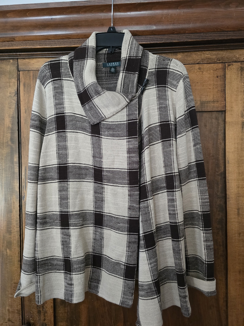 O Ralph Lauren Cream and Brown Plaid 100% Cotton Shawl-Collar Poncho Large